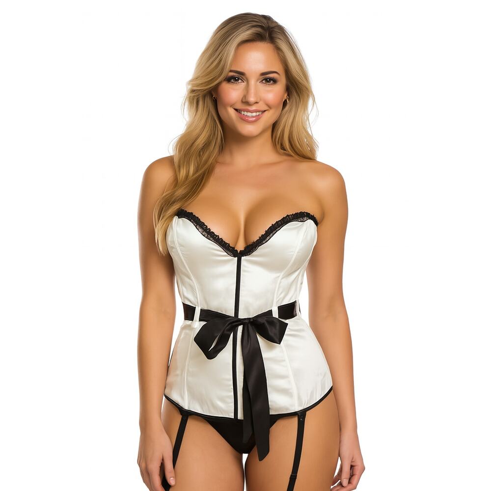 Intimate Attitudes White Black Satin Boned Corset Lace-Up Tie